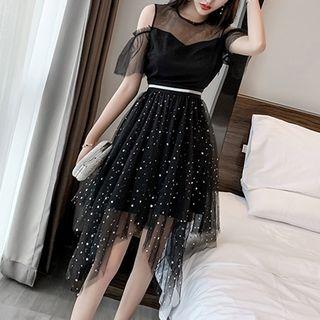 Sequin Cold-shoulder A-line Mesh Dress