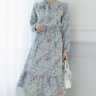Tie-neck Frilled-hem Long Floral Dress