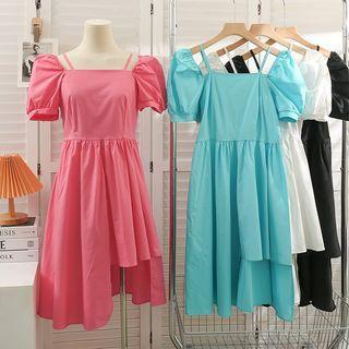 Asymmetrical Puff-sleeve Midi Dress