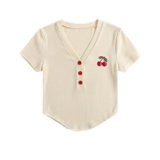 Short-sleeve Cherry Embroidered Henley Top