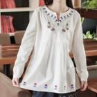 Long-sleeve Notched-neck Embroidered Blouse
