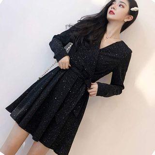 Glitter V-neck Long-sleeve A-line Dress