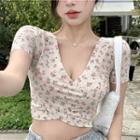 Short-sleeve Floral Print Crop T-shirt Pink Floral - White - One Size