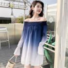 Off-shoulder Long-sleeve Ombr  Mini Dress