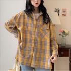 Loose Fit Long-sleeve Plaid Button-up T-shirt