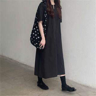 Short-sleeve Midi Shift Dress Black - One Size