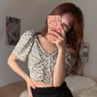 Short-sleeve V-neck Leopard Print Cropped T-shirt Gray Print - White - One Size
