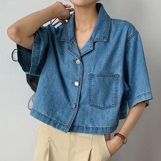 V-neck Short-sleeve Denim Shirt