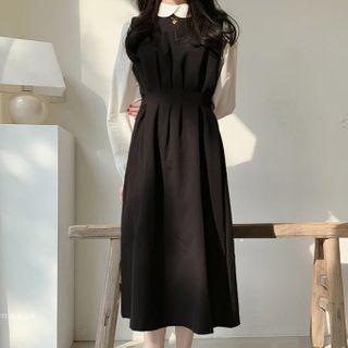 Balloon-sleeve Lace Blouse / Tie-cuff Blouse / Midi A-line Pinafore Dress