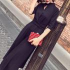 Cut Out Front Elbow Sleeve Midi Dress
