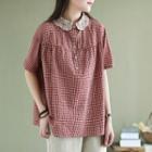 Short-sleeve Floral Embroidered Collar Check Blouse