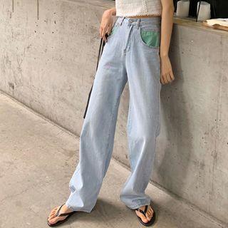 High-waist Color-block Pocket Jeans