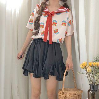 Short-sleeve Floral Sailor Collar Top As Shown In Figure - One Size