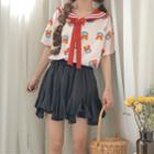 Short-sleeve Floral Sailor Collar Top As Shown In Figure - One Size