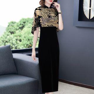 Printed Cape Midi Velvet Qipao