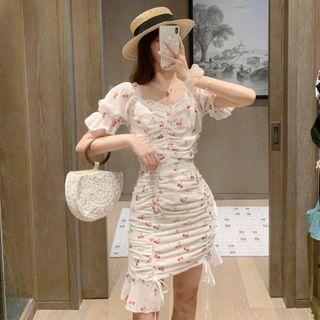 Short-sleeve Cherry Print Blouse / Drawstring Mini Pencil Skirt