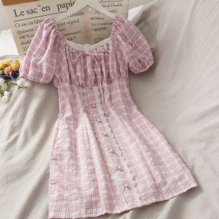 Boatneck Lace-trim Checker A-line Dress