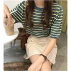 Short-sleeve Striped Knit Top / A-line Skirt