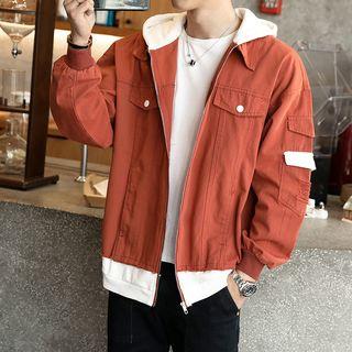 Couple-matching Mock Two-piece Zip Denim Jacket