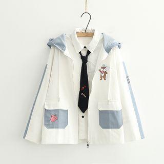 Cartoon Embroidered Two-tone Hooded Jacket