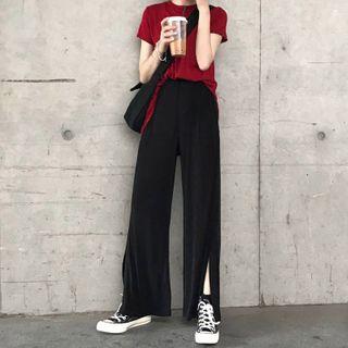Slit Wide Leg Pants Black - One Size