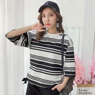 Set: Striped Elbow-sleeve Top + Cropped Pants