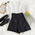 Puff-sleeve Ruffle Trim Peter Pan Collar Shirt / High-waist Asymmetrical Hem Skort