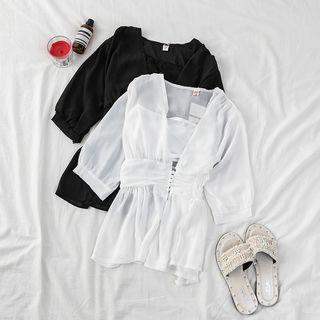 V-neck Gather Waist Plain Blouse