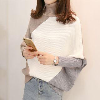 Color Block Turtleneck Batwing-sleeve Sweater