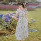 Short-sleeve Cutout Lace Trim Floral Midi Dress