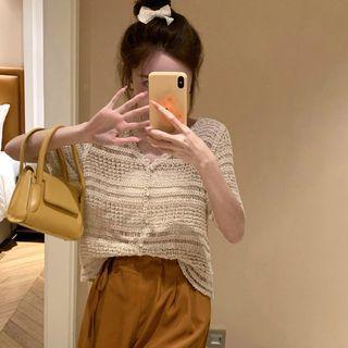 Short-sleeve V-neck Lace Top Almond - One Size