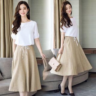Set: Short Sleeve Plain Top + Drawstring A-line Skirt