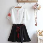 Elbow-sleeve Embroidered T-shirt / Mini A-line Skirt / Set