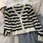Striped Slim-fit Knit Cardigan Black - One Size