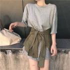Plain Elbow Sleeve T-shirt Dress / Plain Tie Waist Skirt