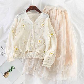 Set: V-neck Knit Cardigan + Mesh Midi Skirt Almond - One Size