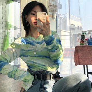 Shirred Tie-dye Long-sleeve Slim-fit Top