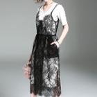 Set: Short-sleeve Midi Dress + Lace Strappy Dress