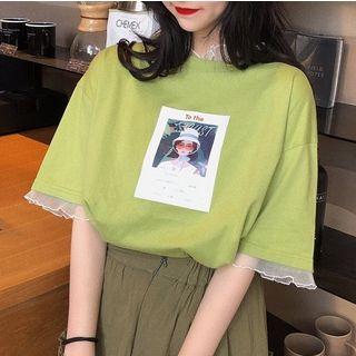 Short-sleeve Mesh Trim Print T-shirt