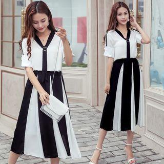 Set: Two-tone Short-sleeve Blouse + A-line Midi Skirt