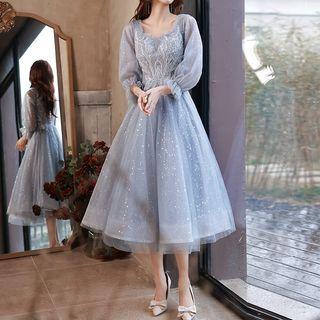 Puff-sleeve Sequin Beaded Midi Cocktail Dress