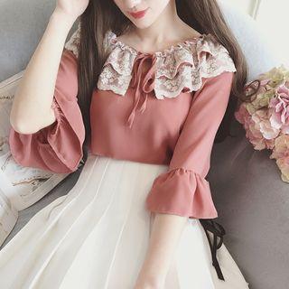 Lace Trim 3/4 Sleeve Chiffon Blouse