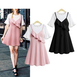 Mock Two Piece Ruffle Trim Short Sleeve A-line Dress