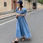 Lantern Sleeve Square Neck Cutout Lace-up Denim Maxi Dress Blue - One Size