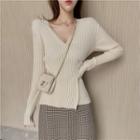 V-neck Rib Knit Sweater / Plaid Straight-fit Midi Skirt