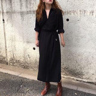 Tie Waist Long-sleeve Midi Dress Black - One Size