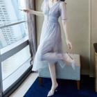 Lace Trim Puff-sleeve Midi A-line Mesh Dress