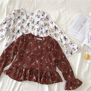 Floral Print V-neck Flare-sleeve Chiffon Blouse
