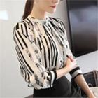 Pleated-neckline Printed Blouse