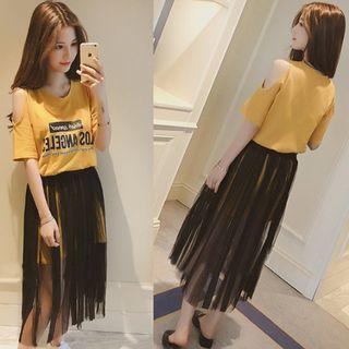Set: Lettering Cut Out Shoulder Short Sleeve T-shirt Dress + Mesh Midi Skirt
